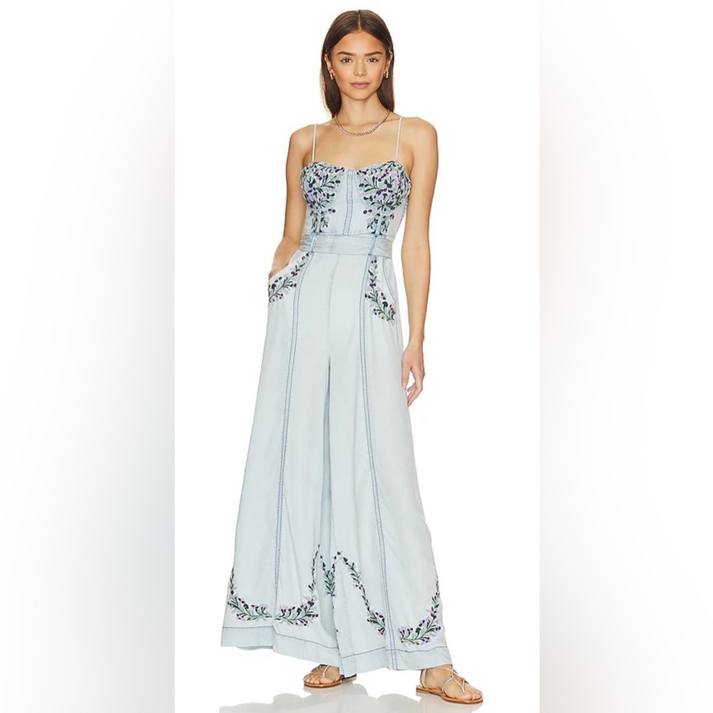 Free People  Brigitte Jumpsuit Size M Wide Leg Embroidered Soft Denim Pockets